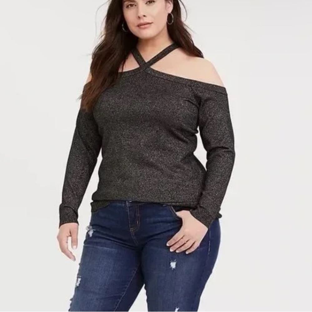 Torrid Black Metallic Cross Neck Back Zip Cold Shoulder Shirt Size 2X - Picture 1 of 8